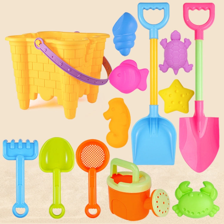 13pcs Set Children Beach Toys Set Large Sand Shovel Bucket Sand Digging Tools Hourglass Color Yellow Square Castle