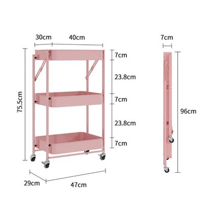 3 Tier Foldable Trolley Organizer Rack with Wheels