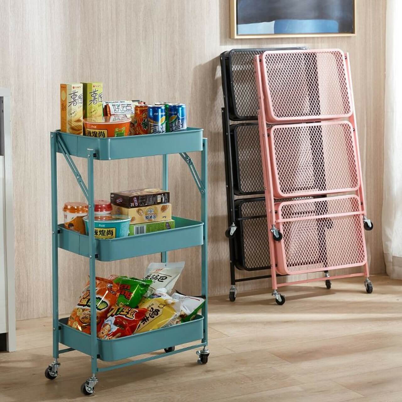 3 Tier Foldable Trolley Organizer Rack with Wheels