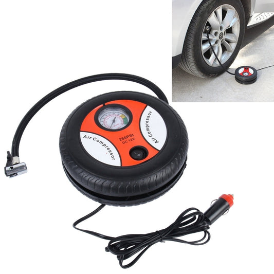 12V 10A Tire Shape Air Pump with Gauge and Three Nozzle Adapters Tire Inflator Compressor for Cars Vans Air Mattress Balls 250 PSI 25L min