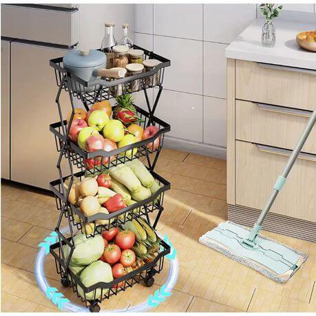 4 Tier Carbon Steel Kitchen Storage Collapsible Basket Rolling Cart