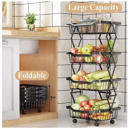 4 Tier Carbon Steel Kitchen Storage Collapsible Basket Rolling Cart