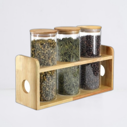 Borosilicate Glass Jars 4 Piece Borosilicate Glass Spice Jars with Bamboo Lid Silicone Sealing Storage Rack Set