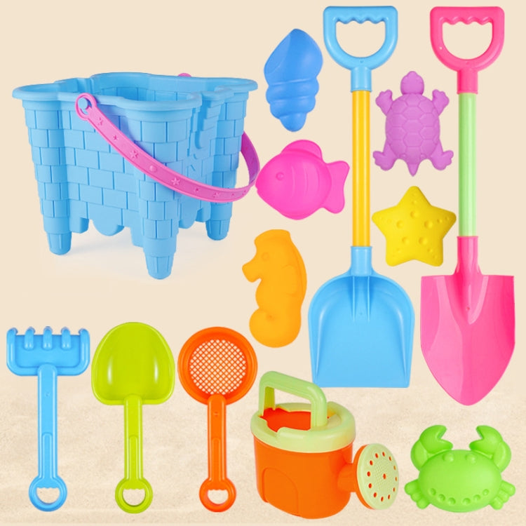 13pcs Set Children Beach Toys Set Large Sand Shovel Bucket Sand Digging Tools Hourglass Color Blue Square Castle