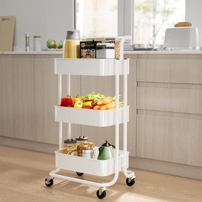 3 Tier Utility Rolling Cart Storage Organizer Cart Multi Functional Trolley Cart with 2 Lockable Wheels and Handle