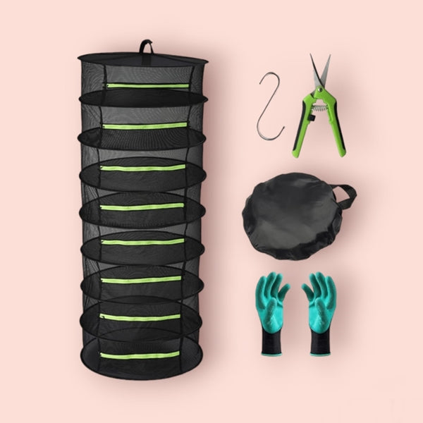 Herb Drying Rack 8 Layer Collapsible Mesh Hanging Drying Net with Zipper Garden Gloves Pruning Scissor and S Hook