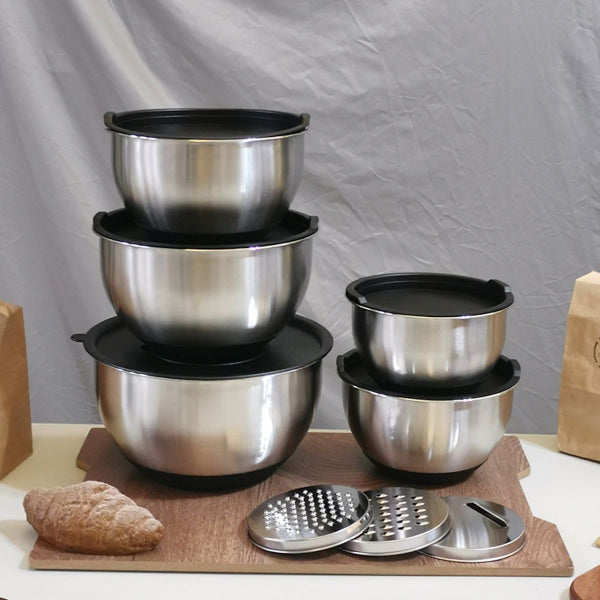 Kitchen Mixing Bowls with Lids Stainless Steel Black Nesting Bowl with Plastic Lid and Silicone Base 13 Pcs