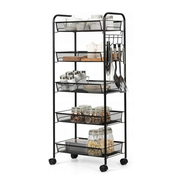 Metal Mesh Utility Cart 5 Tier Metal Storage Rolling Mesh Utility Trolley Cart with Wheels