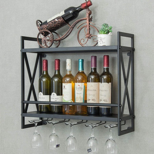 Wall Mounted Wine Rack 2 Tier Black Finished Metal Bottle Display Glass Wine Rack Wall Mounted Storage