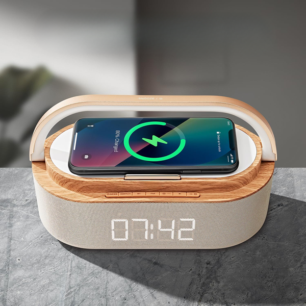 Fashionable Smart Alarm Clock with Adjustable Nightlight Fast Wireless Charging FM Radio and Speaker