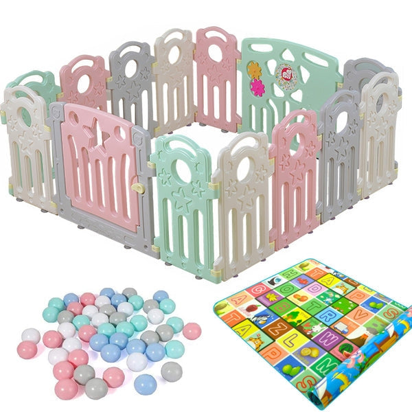 Baby Playpen 14 Panels Multicoloured Safety Gates Kids Baby Playpen w Mat and Balls