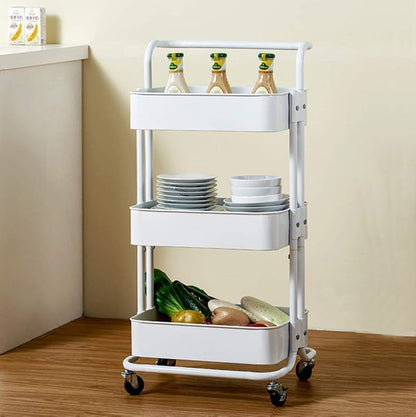 3 Tier Utility Rolling Cart Storage Organizer Cart Multi Functional Trolley Cart with 2 Lockable Wheels and Handle