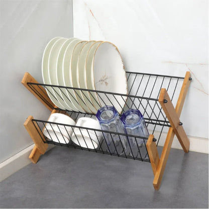 Dish Drying Rack Bamboo Dish Rack Folding 2 Tier Collapsible Drainer Dish Drying Rack