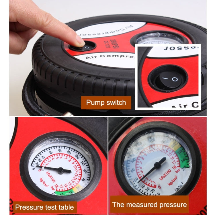 12V 10A Tire Shape Air Pump with Gauge and Three Nozzle Adapters Tire Inflator Compressor for Cars Vans Air Mattress Balls 250 PSI 25L min