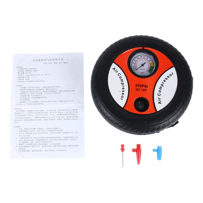 12V 10A Tire Shape Air Pump with Gauge and Three Nozzle Adapters Tire Inflator Compressor for Cars Vans Air Mattress Balls 250 PSI 25L min