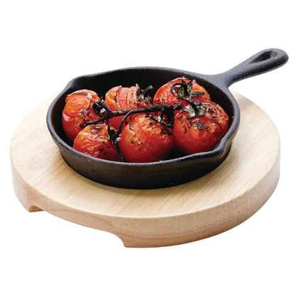 Cast Iron Pan Mini Round Sizzler Cast Iron Pan Platter Hot Serving Plate with Wood Serving Board