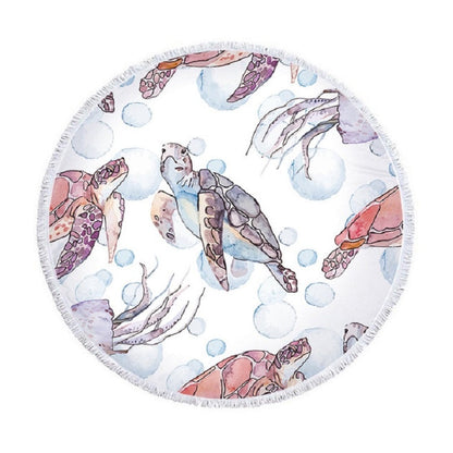 Animal Pattern Round Superfine Fiber Beach Towel with Tassel Size 150 x 150cm White Turtle