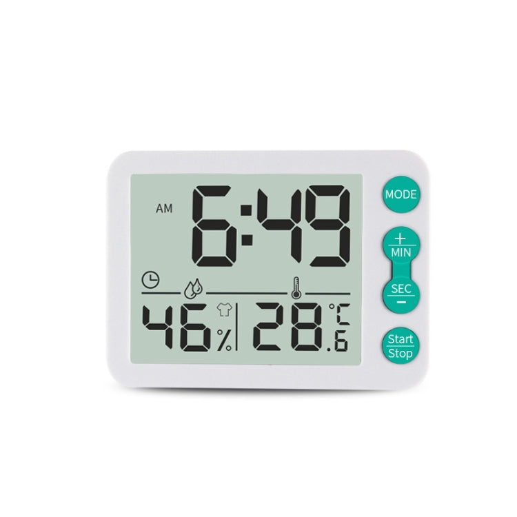 Multifunctional Indoor Thermometer And Hygrometer Large Screen Alarm Clock Kitchen Electronic Countdown Timer White Shell Green Button