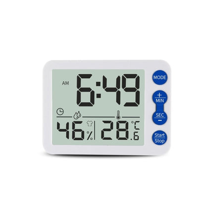 Multifunctional Indoor Thermometer And Hygrometer Large Screen Alarm Clock Kitchen Electronic Countdown Timer White Shell Blue Button