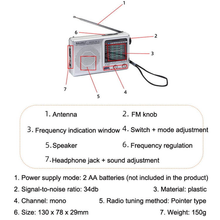 BAIJIALI KK9 Full band Radio Player Portable Retro Multifunctional Mini Radio Silver Gray