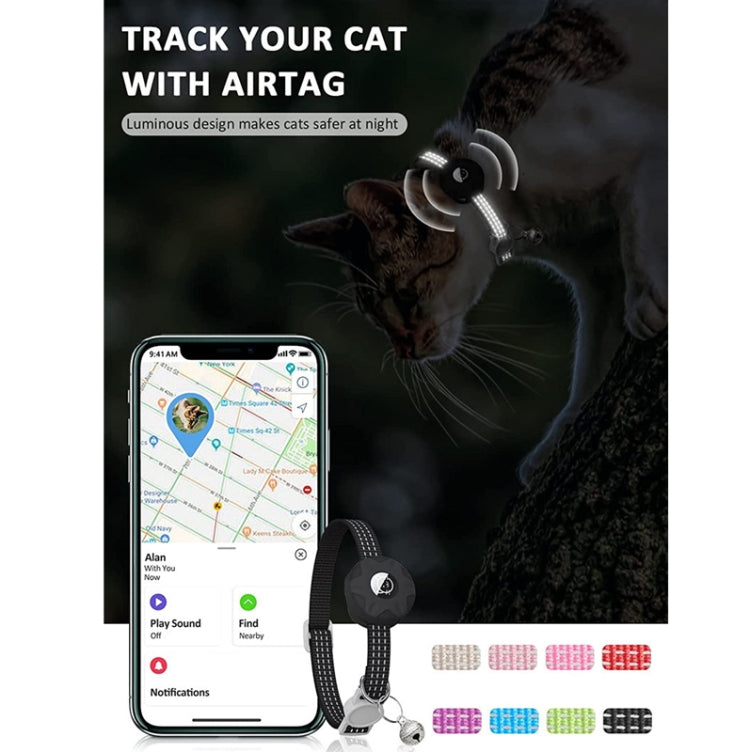 For AirTag Tracker Silicone Case Reflective Pet Cat Collar With Bell Black