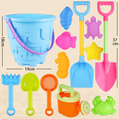 13pcs Set Children Beach Toys Set Large Sand Shovel Bucket Sand Digging Tools Hourglass Color Blue Round Castle