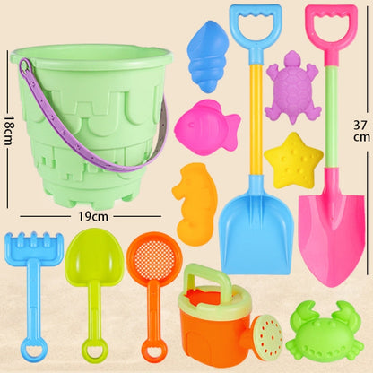 13pcs Set Children Beach Toys Set Large Sand Shovel Bucket Sand Digging Tools Hourglass Color Green Round Castle