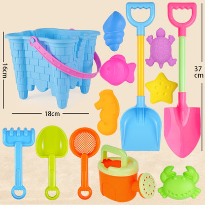 13pcs Set Children Beach Toys Set Large Sand Shovel Bucket Sand Digging Tools Hourglass Color Blue Square Castle