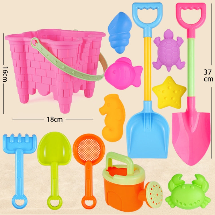 13pcs Set Children Beach Toys Set Large Sand Shovel Bucket Sand Digging Tools Hourglass Color Pink Square Castle