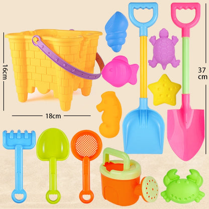 13pcs Set Children Beach Toys Set Large Sand Shovel Bucket Sand Digging Tools Hourglass Color Yellow Square Castle