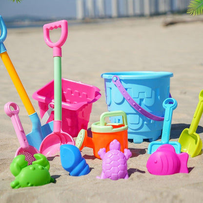 13pcs Set Children Beach Toys Set Large Sand Shovel Bucket Sand Digging Tools Hourglass Color Yellow Square Castle