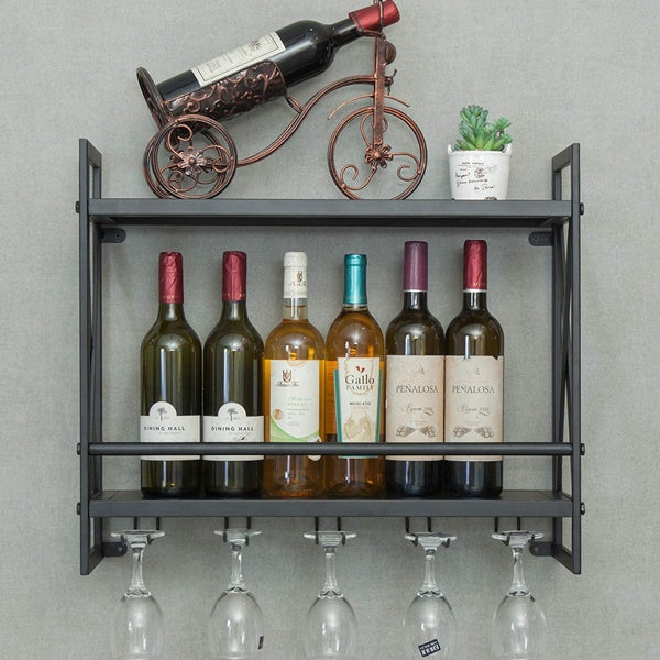 Wall Mounted Wine Rack 2 Tier Black Finished Metal Bottle Display Glass Wine Rack Wall Mounted Storage