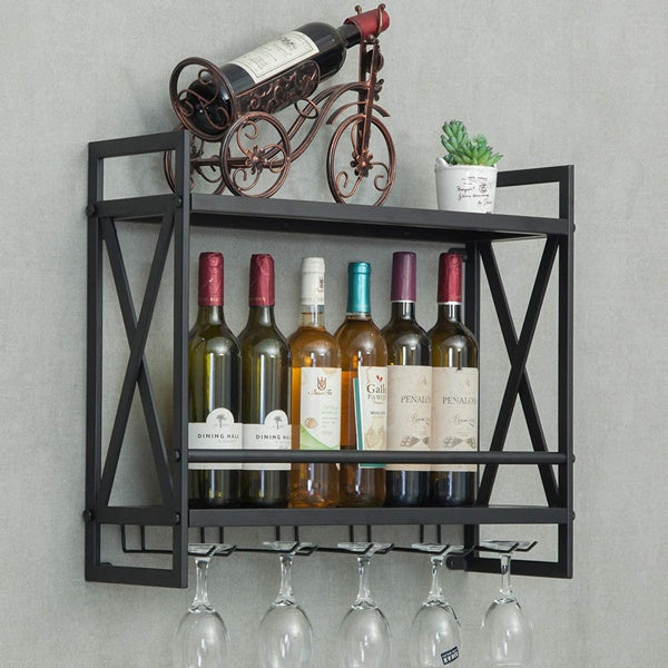 Wall Mounted Wine Rack 2 Tier Black Finished Metal Bottle Display Glass Wine Rack Wall Mounted Storage