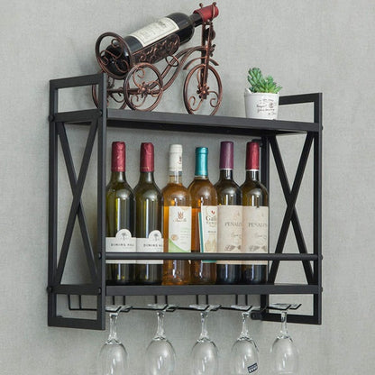 Wall Mounted Wine Rack 2 Tier Black Finished Metal Bottle Display Glass Wine Rack Wall Mounted Storage