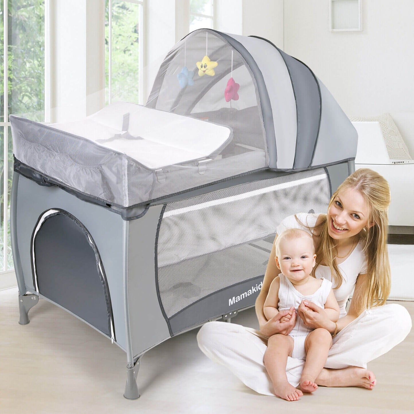 2 in 1 Baby Cot with Mattress and Toys