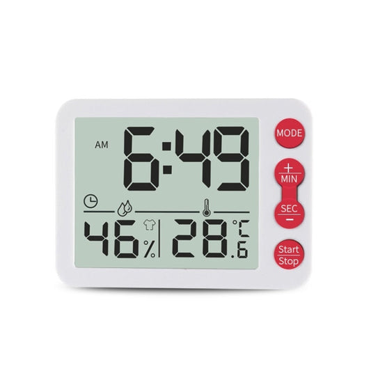 Multifunctional Indoor Thermometer And Hygrometer Large Screen Alarm Clock Kitchen Electronic Countdown Timer White Shell Red Button