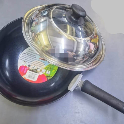 32cm Non Stick Wok Pan with Stainless Steel and Tempered Glass Lid