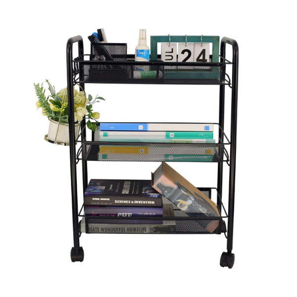 Metal Mesh Utility Cart 3 Tier Metal Storage Rolling Mesh Utility Trolley Cart with Wheels