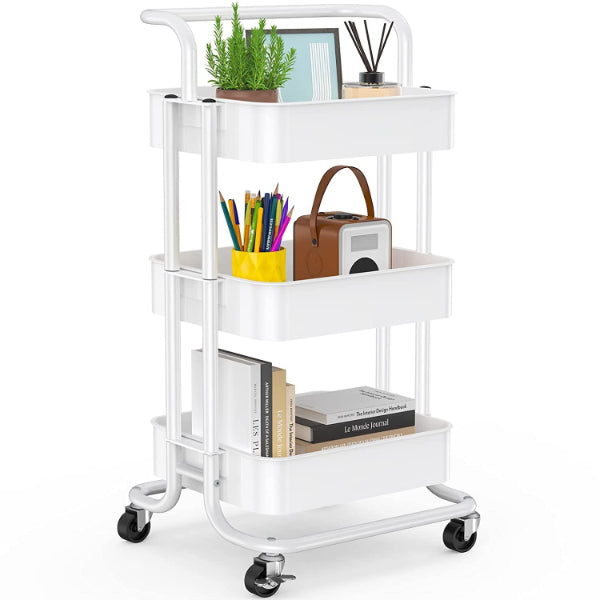 3 Tier Utility Rolling Cart Storage Organizer Cart Multi Functional Trolley Cart with 2 Lockable Wheels and Handle