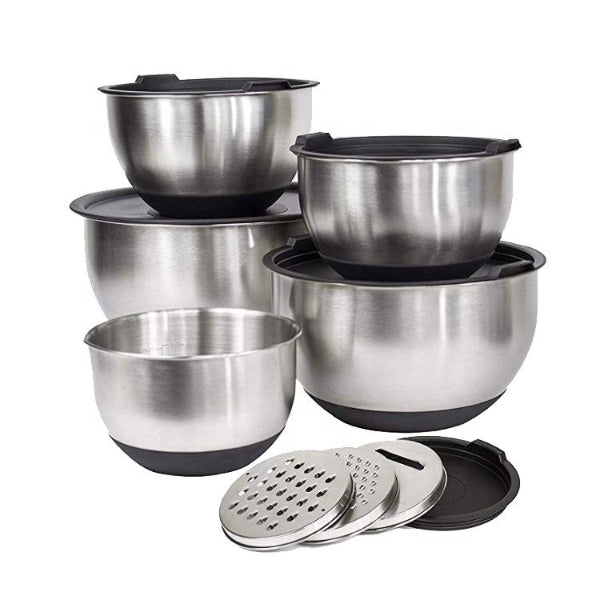 Kitchen Mixing Bowls with Lids Stainless Steel Black Nesting Bowl with Plastic Lid and Silicone Base 13 Pcs