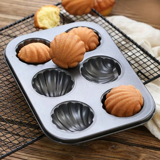 Muffin Baking Trays Set of 2 Shell Shaped 6 Hole Non Stick Flat Bottom Carbon Steel DIY Muffin Mold Baking Tray