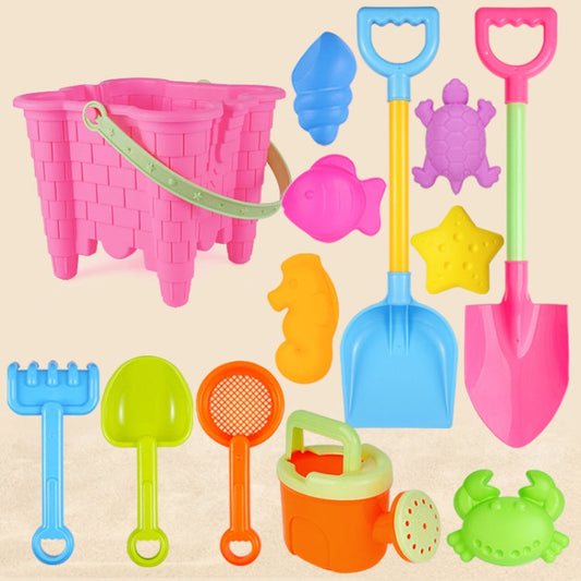 13pcs Set Children Beach Toys Set Large Sand Shovel Bucket Sand Digging Tools Hourglass Color Pink Square Castle